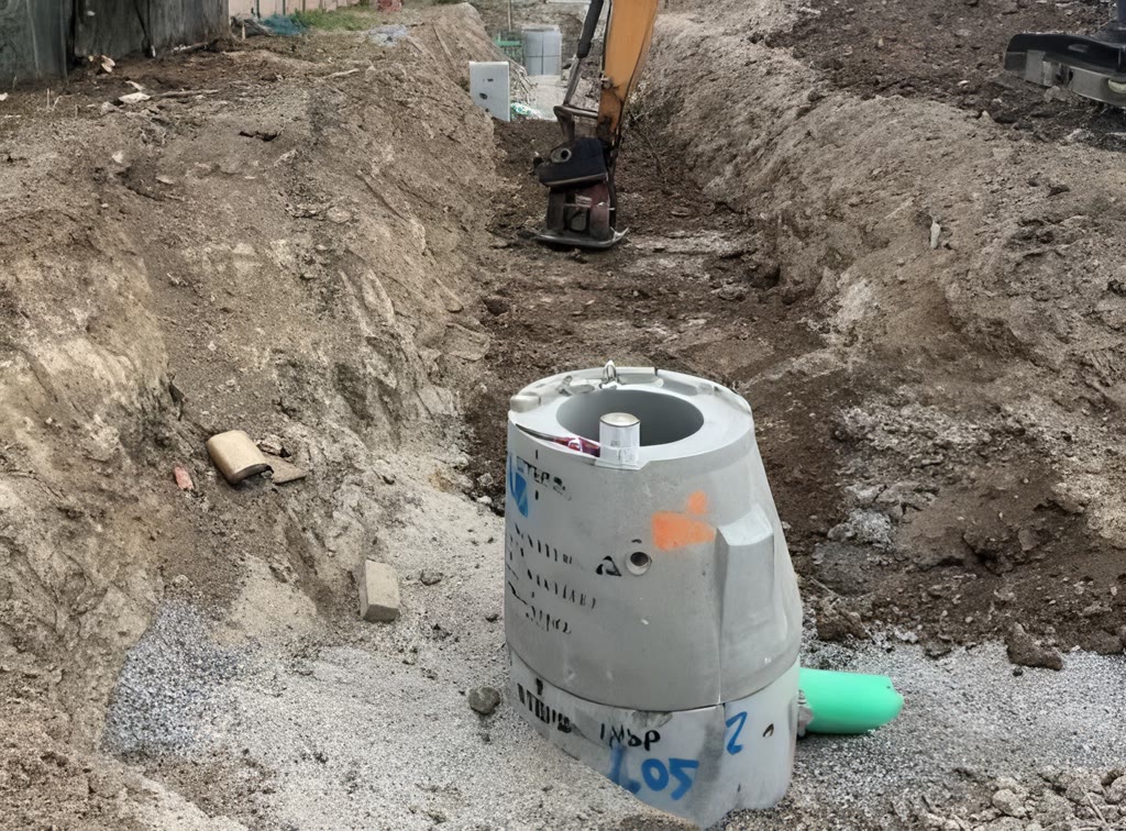 A precast concrete storm chamber set in a gravel-lined trench, with an excavator working further along.