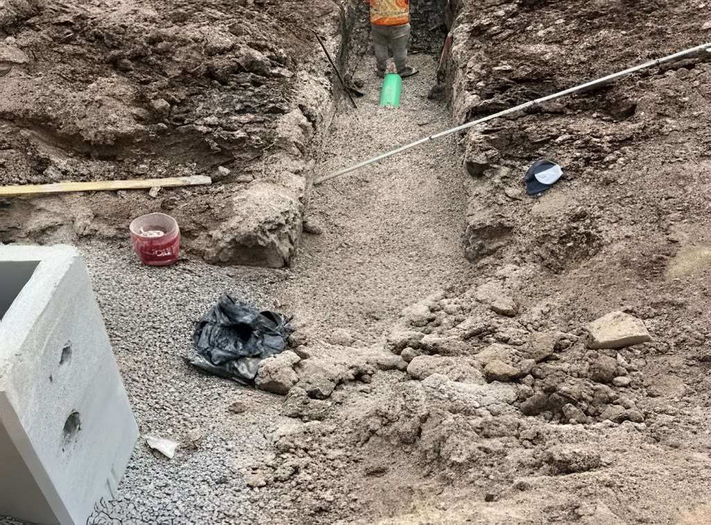 A trench with storm sewer pipe laid on gravel bedding beside a precast concrete structure.