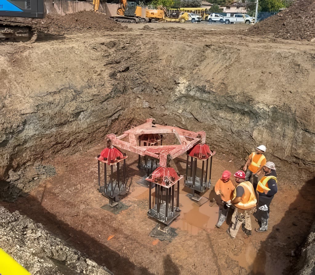 A red steel crane base with four anchor legs set at the bottom of the pit, with workers in safety vests beside it.